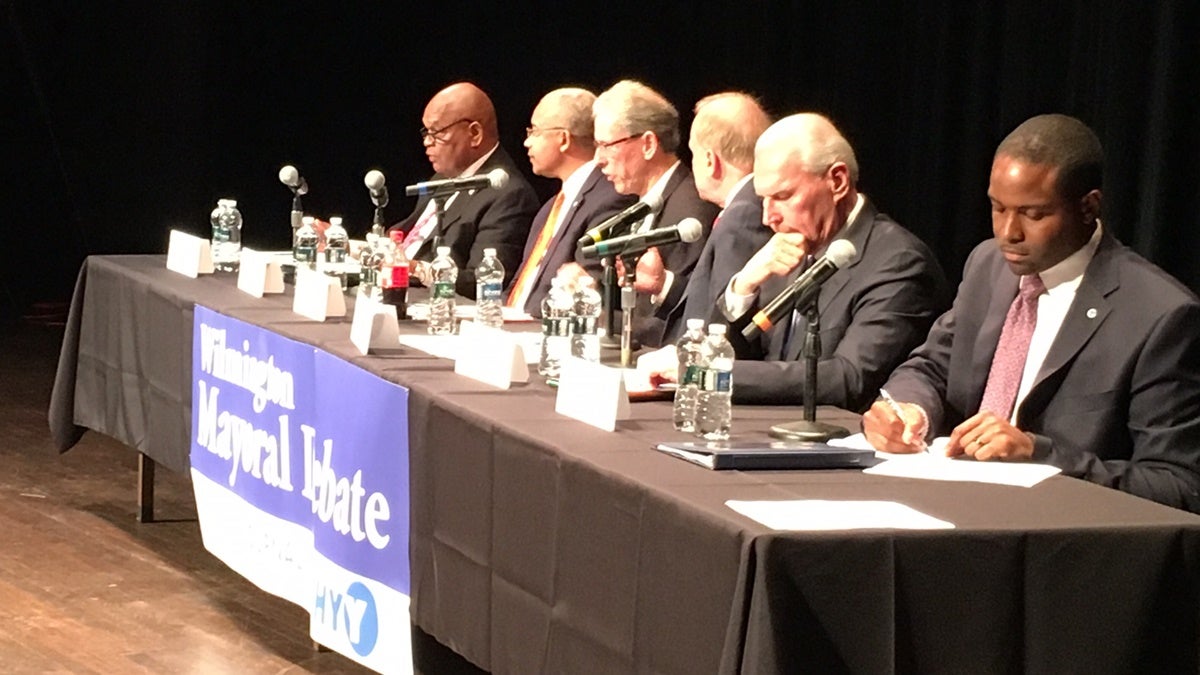 Six of seven Democrats running for mayor of Wilmington debated Tuesday night. Incumbent Mayor Dennis Williams did not attend. (Mark Eichmann/WHYY)