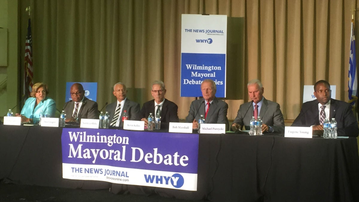 A packed crowd watched seven of eight Democrats running for mayor debate the issues at Wilmington's Holy Trinity Greek Orthodox Church Tuesday night. (Zoë Read/WHYY)