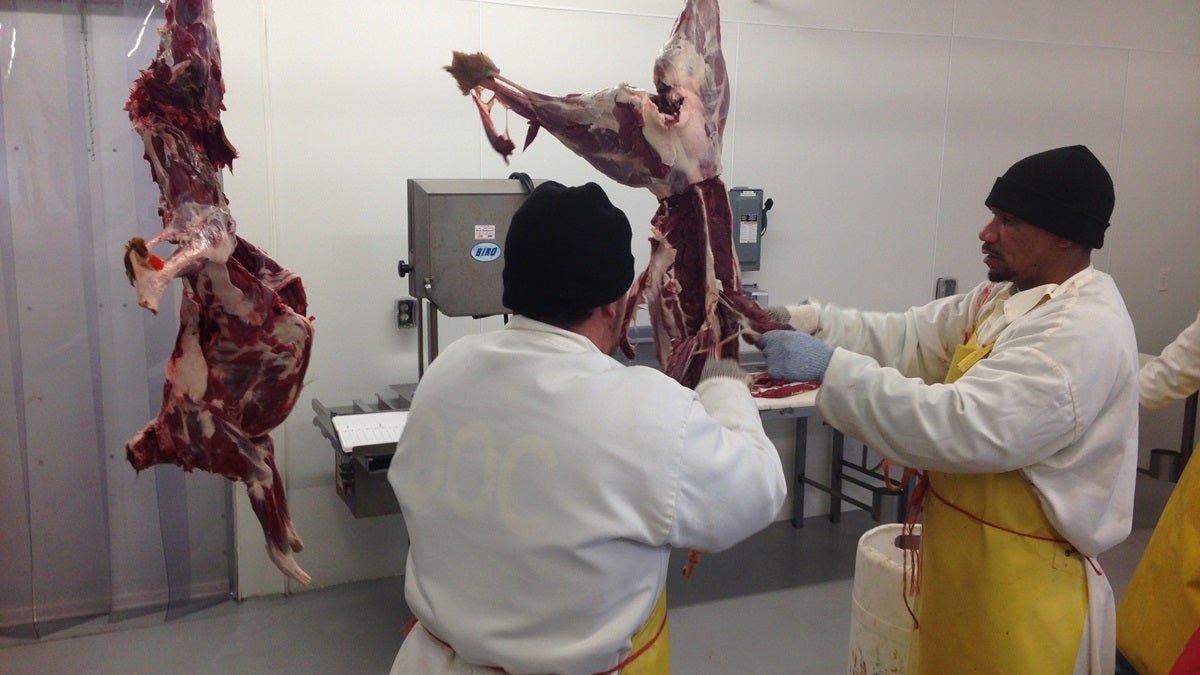  Inmates in Georgetown butcher deer meat donated by hunters. (Mark Eichmann/WHYY) 