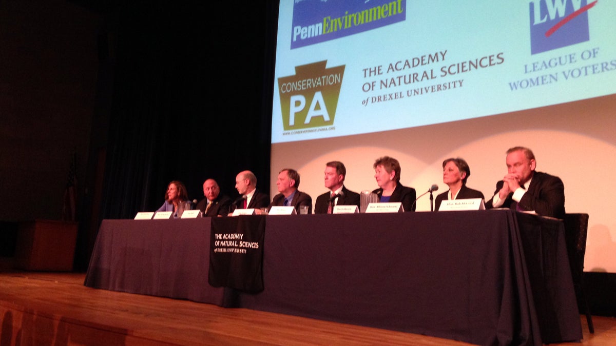  Eight Democratic Pa. gubernatorial candidates are shown at a debate focused on environmental sustainability held at the Academy of Natural Sciences of Drexel University in Philadelphia. They disagreed on little but tried to distinguish themselves based on electability and personal style. (Holly Otterbein/WHYY) 