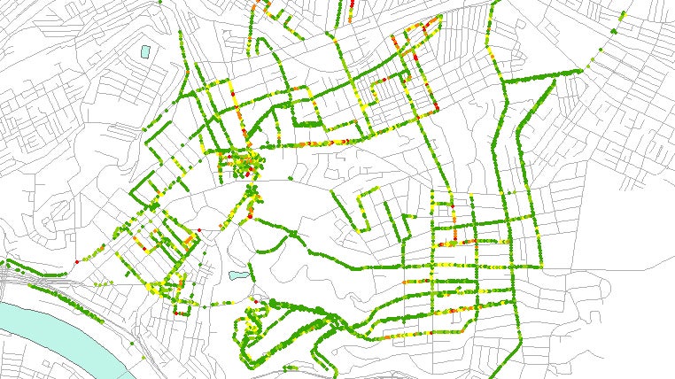  A sample city map where streets have been analyzed using Christoph Mertz's pavement inspection program. The green dots mean the pavement is in good shape, yellow indicates some damage, and red means the pavement quality is bad. (Image courtesy of Christoph Mertz)  