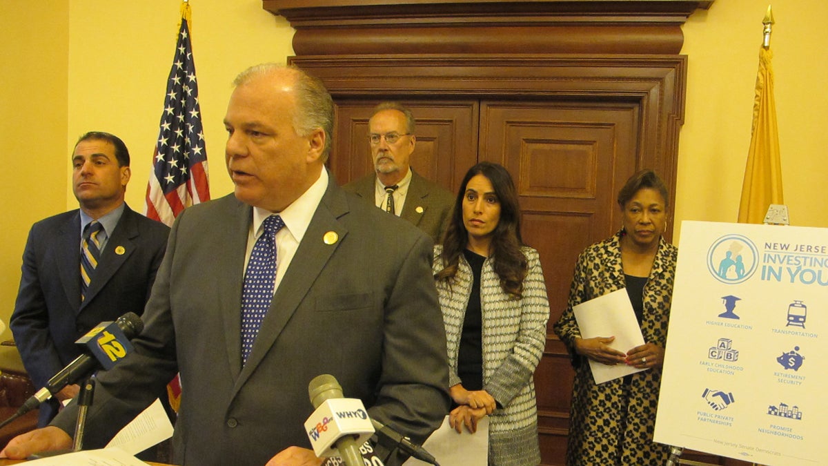  New Jersey Senate President Steve Sweeney and other Democrats outline their plan to focus on better investment to jump-start the state's economy. (Phil Gregory/WHYY) 