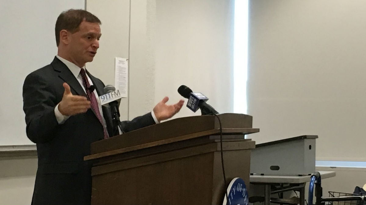 Delaware Attorney General Matt Denn talks Monday about his legislative priorities during a speech at the University of Delaware's Osher Institute of Lifelong Learning in Wilmington. (Mark Eichmann/WHYY)