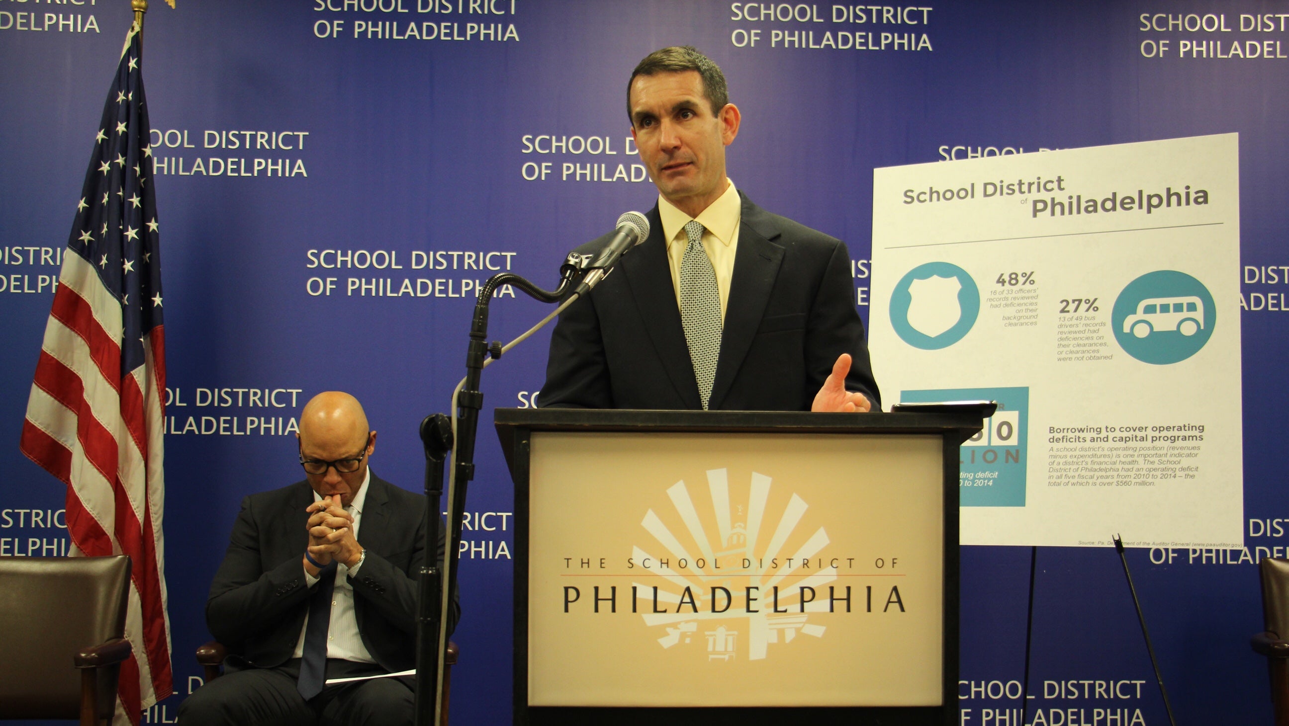 
Pennsylvania Auditor General Eugene DePasquale gives his report on Philadelphia schools during a press conference at the school administration building. (Emma Lee/WHYY)