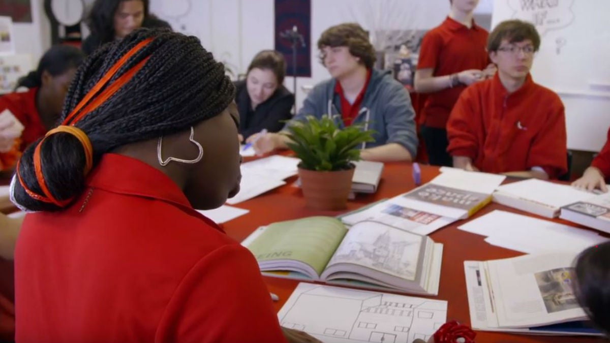 This screen grab from Design Lab High School's profile video shows students collaborating on ideas for the high school of the future. (image via XQ Institute/YouTube)