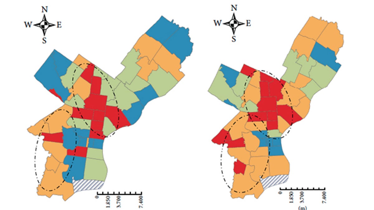  These maps show the change in diabetes rates among Philadelphians from 2002-2004 and 2008-2010. The full map, with key can be seen below. (Image via the Multilevel and Urban Health Modeling of Risk Factors for Diabetes Mellitus) 