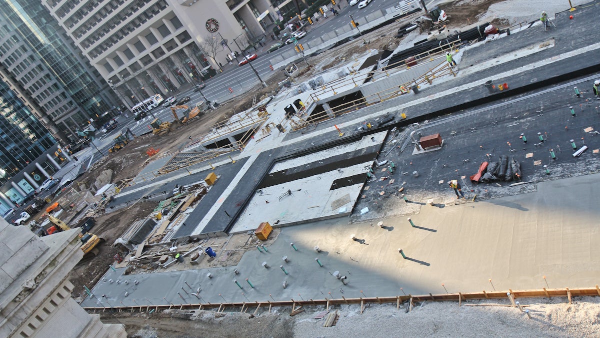  Originally slated to be finished in spring of 2014, Dilworth Plaza is more likely now to be ready by Labor Day, officials said. (Kimberly Paynter/WHYY) 