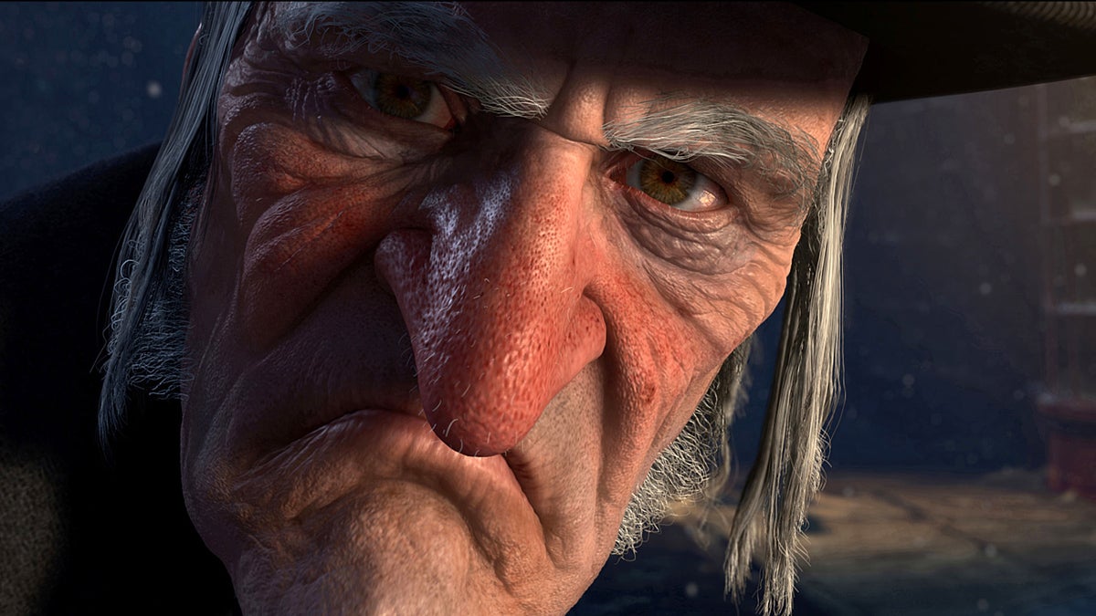  In this film publicity image released by Disney, Ebenezer Scrooge, voiced by Jim Carrey, is shown in a scene from 