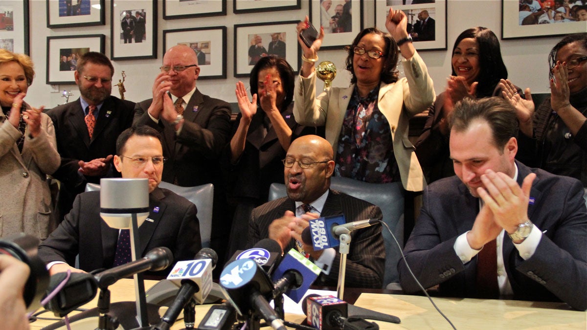  Mayor Michael Nutter is surrounding by celebration following the announcement that Philadelphia has been selected to host the Democratic National Convention next year. (Emma Lee/WHYY) 