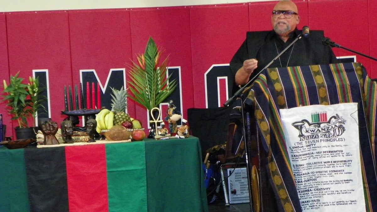  Dr. Maulana Karenga at last year's Kwanzaa celebration at Imhotep Charter School. (Courtesy of Robert Dickerson) 