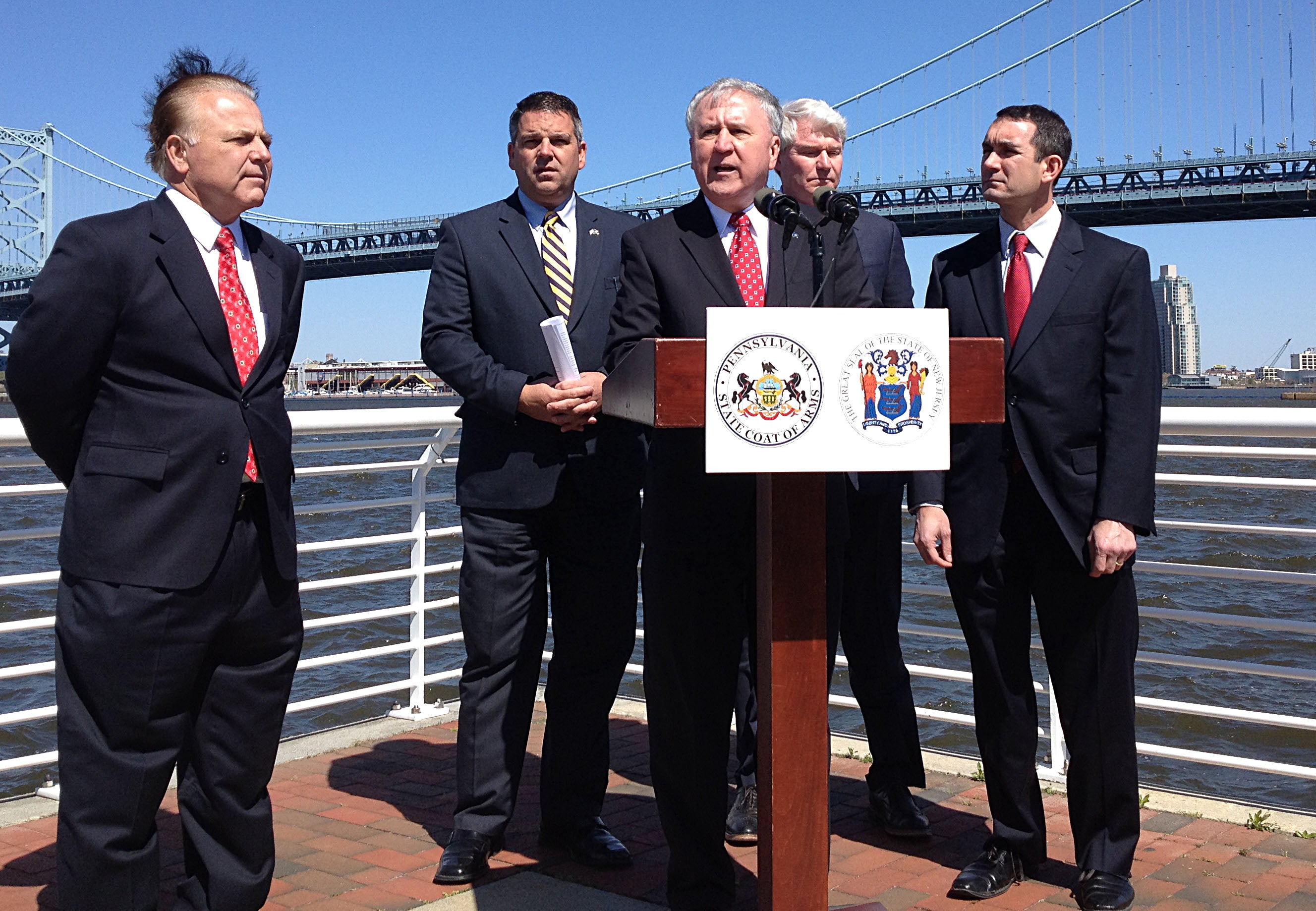  Pennsylvania State Sen. John Rafferty (at podium) and other officials call for permanent reforms at the Delaware River Port Authority. (Dave Davies/WHYY) 