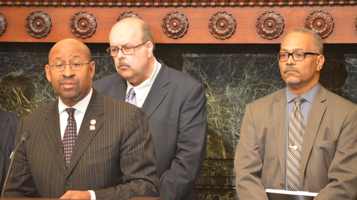  Mayor Michael Nutter discusses the recommendations of his blue-ribbon panel to split Philadelphia's Department of Licenses and Inspections. (Tom MacDonald/WHYY) 