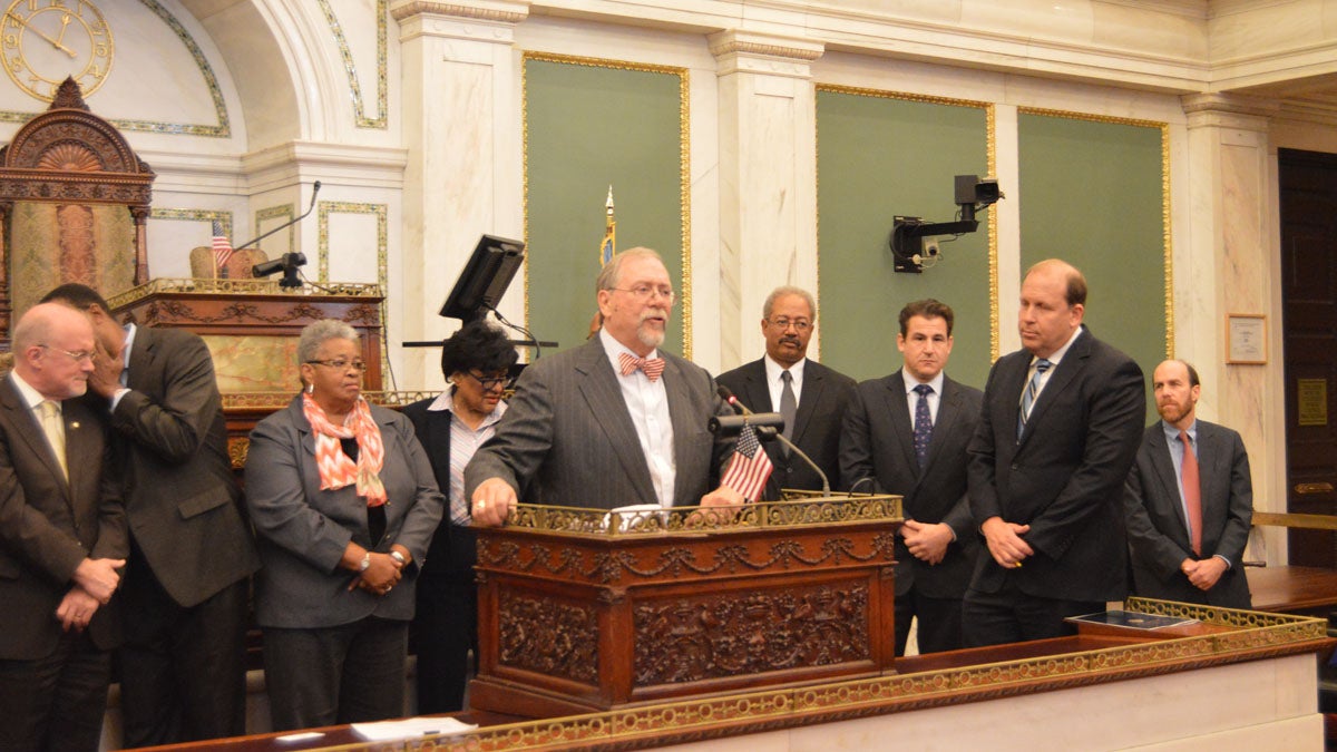  Flanked by cioty, state and federal officials, Lancaster Mayor Rick Gray speaks at in Philadelphia City Hall.(Tom MacDonald/WHYY)  