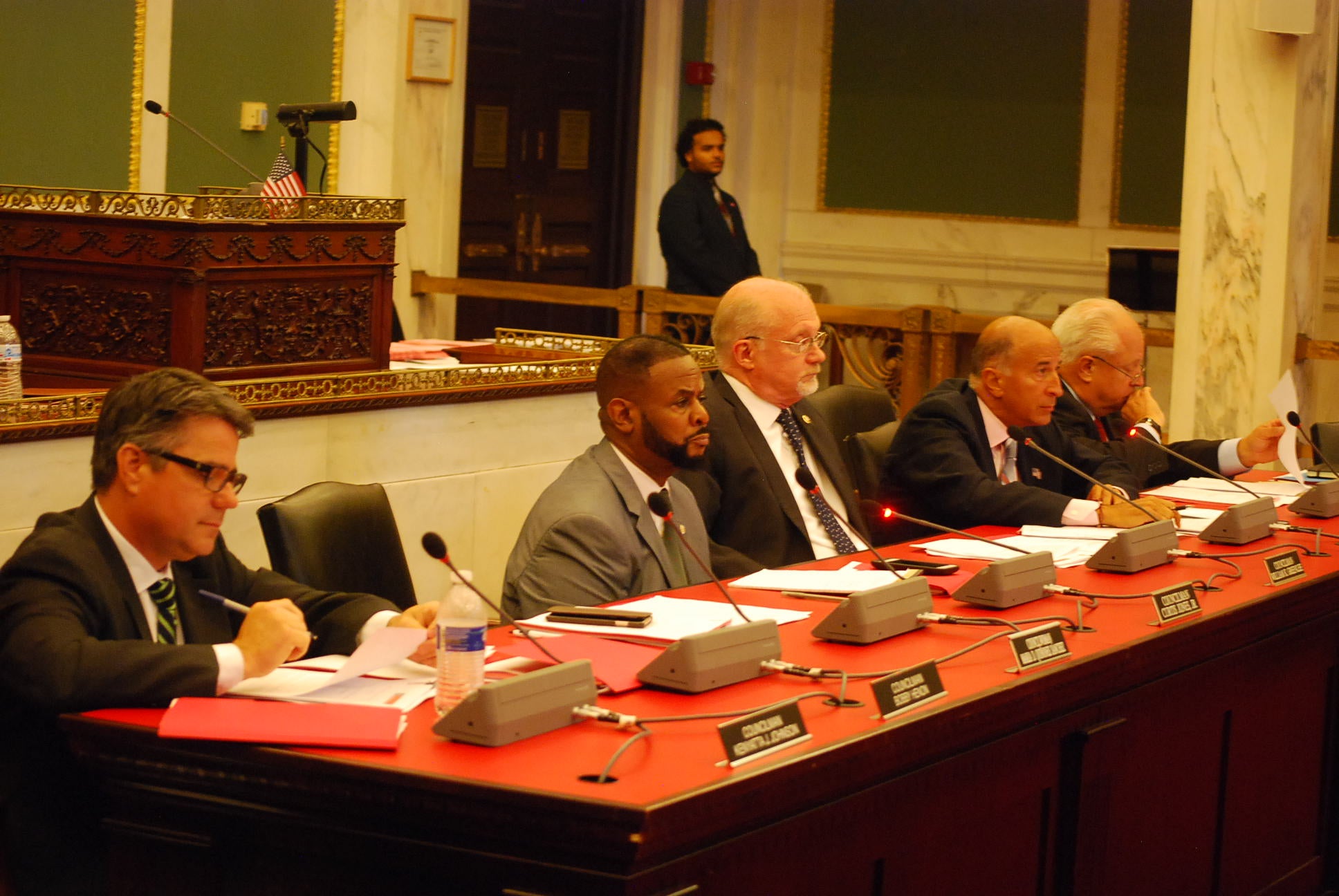 Council members listen to testimony at a Wednesday hearing on a proposal for a business improvement district in the Italian Market area.  (Tom MacDonald/WHYY)
