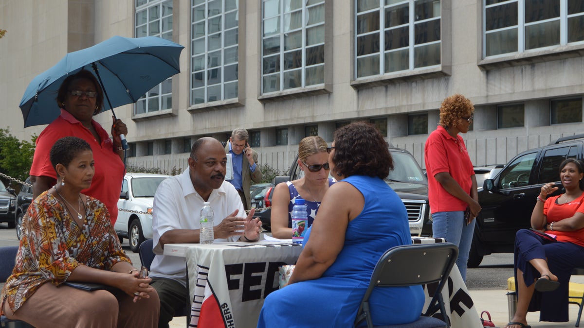  Jerry Jordan, head of the Philadelphia Federation of Teachers held office hours outdoors at Philly's School District Headquarters (Tom MacDonald/WHYY) 