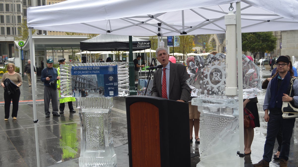 Paul Levy announces an ice rink will take the place of the fountains at Dilworth Park. (Tom MacDonald/WHYY)