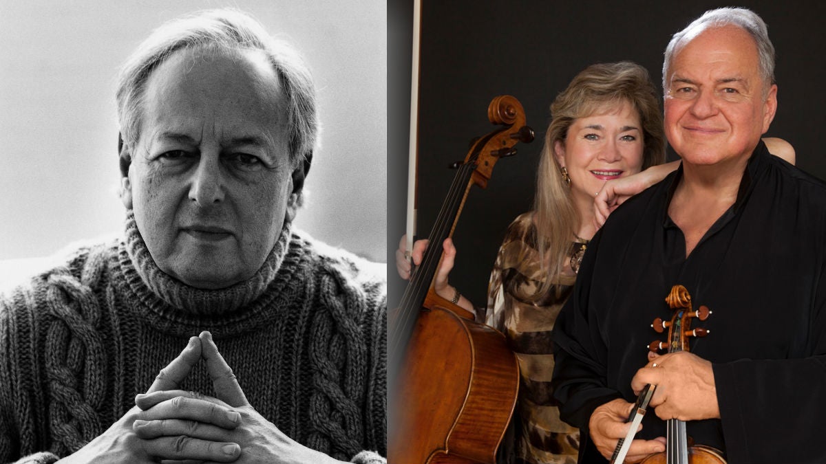 The Delaware Symphony Orchestra will open their season with the A.I. duPont composers award to Andre Previn (left) and a performance of his Double Concerto for Violin and Cello by Jaime Laredo and Sharon Robinson. (Previn photo: Lillian Birnbaum; Laredo/Robinson photo: Christian Steiner)