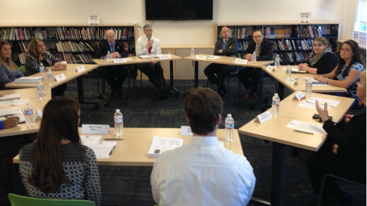  Arne Duncan and Jack Markell participate in a teacher round table at Howard High School. (Avi Wolfman-Arent, Newsworks/WHYY) 