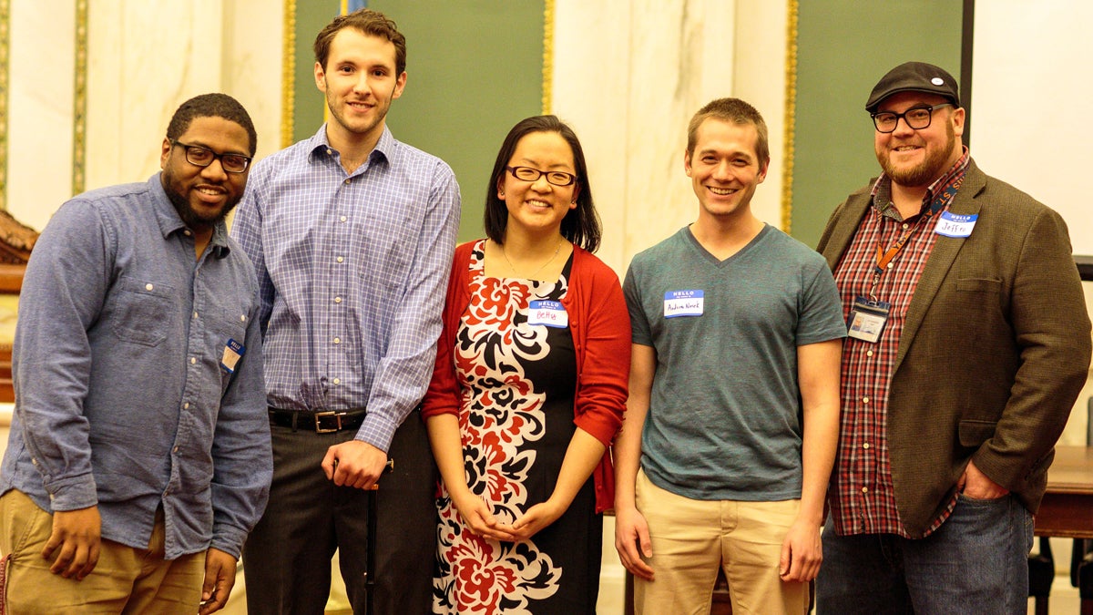  The finalists presented a range of innovative education ideas. They are (from left): Chris Rogers, Tim Dugan, Betty Hsu, Andrew Nosek and Jeff Kilpatrick. (Sara Hoover/for NewsWorks) 