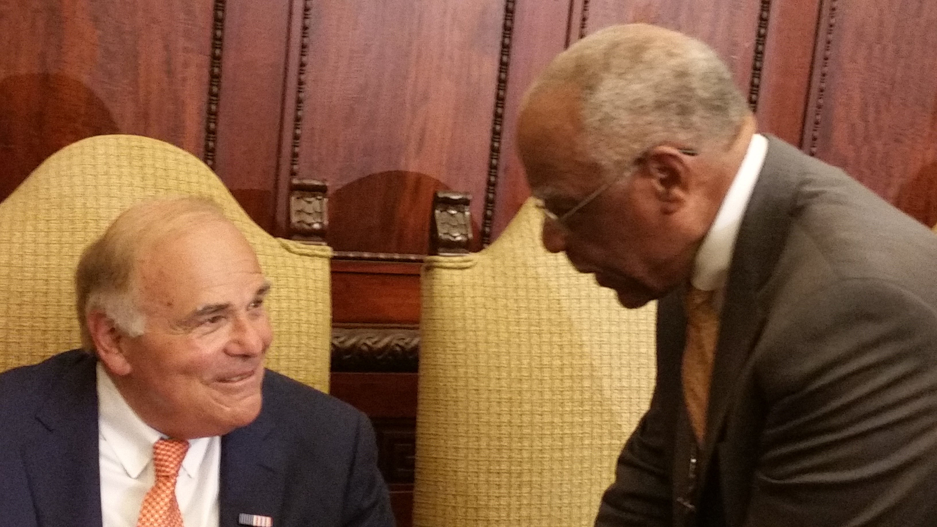  Former Mayors Ed Rendell and Wilson Goode chat at City Hall. They offered Jim Kenney, expected to become the city's next mayor, some advice. (Tom MacDonald/WHYY) 