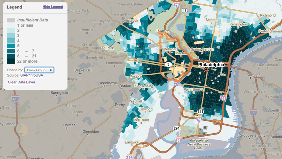  Using the CultureBlocks application, this map depicts the estimated number of resident artists within a quarter mile, highlighting, specifically, the Mantua/Powelton Village neighborhoods through the 19104 zip code. 