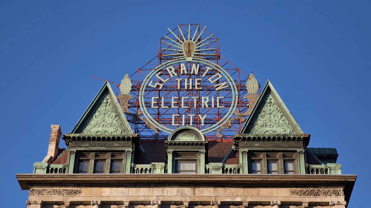  Scranton is known as the ‘Electric City’ for its early installations of electricity and their electric trolley system. The iconic sign was restored in 2004.  (Lindsay Lazarski/WHYY)  