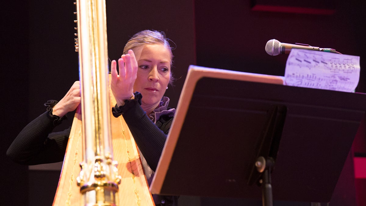  Elizabeth Hainen, principal harp player for the Philadelphia Orchestra, plays a matinee Live Connections show at World Cafe Live.  (Lindsay Lazarski/WHYY)  