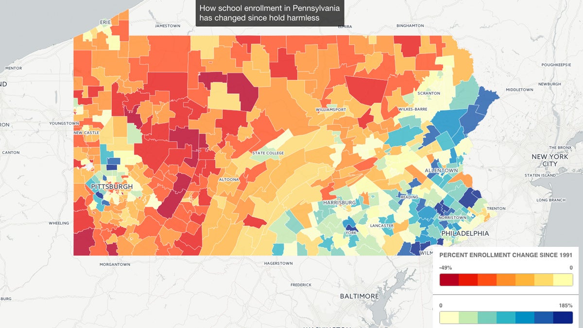 How school enrollment in Pennsylvania has changed since hold harmless policy.  (Map by Rachel Feierman)