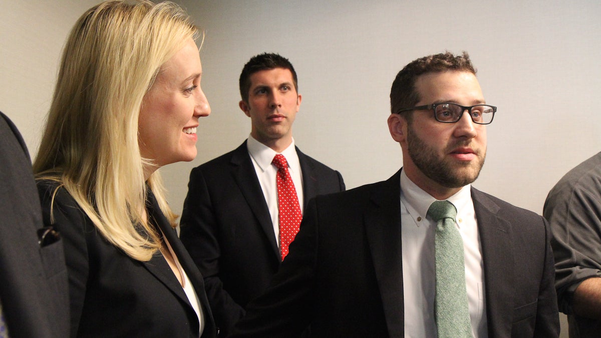  Kristina Rasmussen, vice president of Americans for Fair Treatment, and Nathan Bohlander and David Osborne, legal counsel for the Fairness Center, are suing the Philadelphia Federation of Teachers over a contract provision. (Kimberly Paynter/WHYY) 
