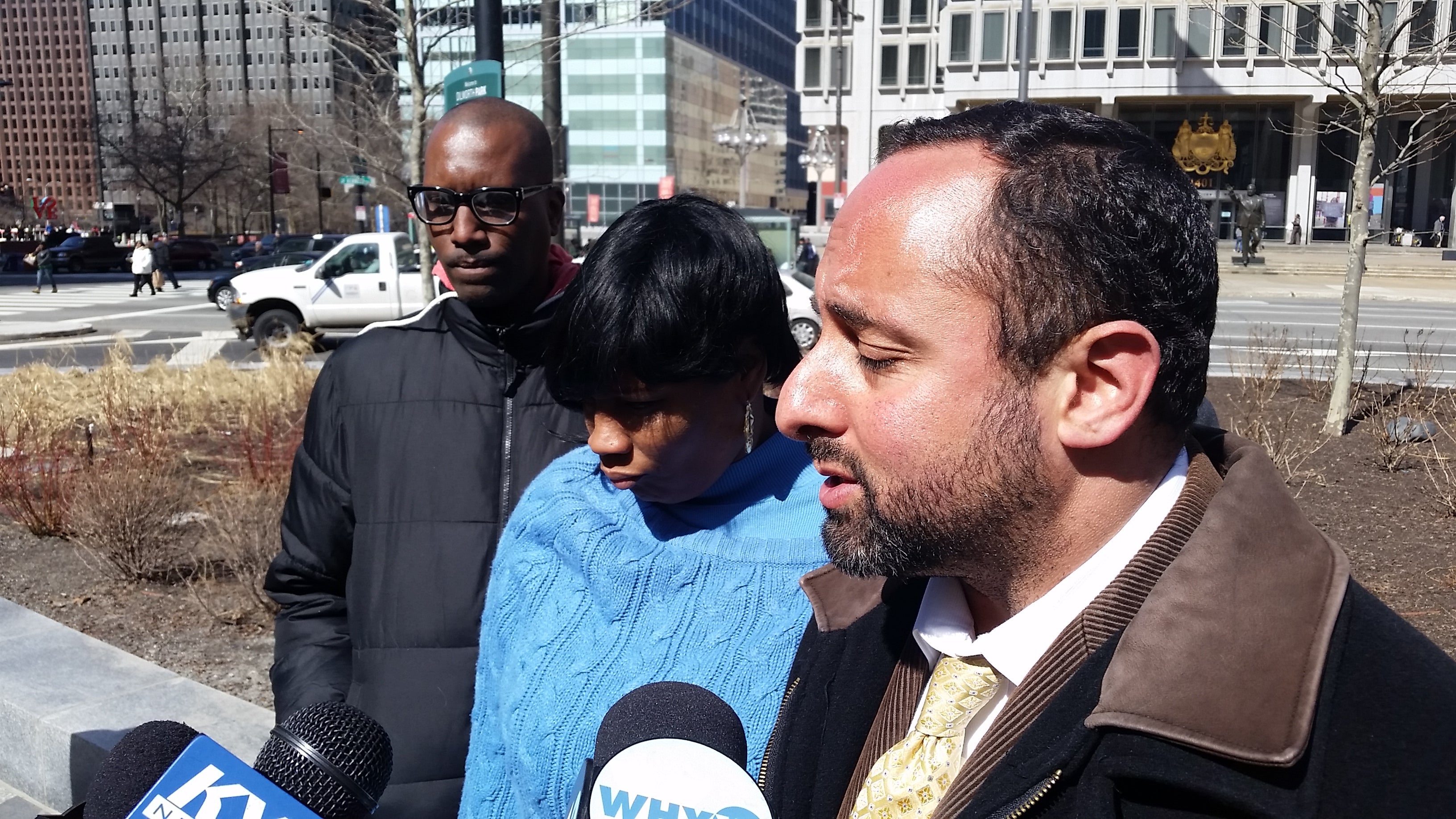  Family members of Brandon Tate-Brown speak outside Philadelphia City Hall (Tom MacDOnald/WHYY) 