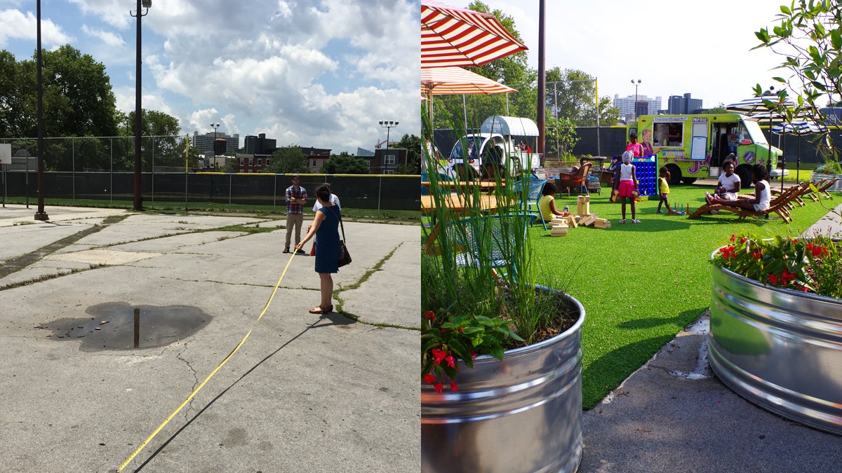  Before (left) and after images of the pool “pop-up” installation at the Francisville public pool in Philadelphia.  (Images courtesy of Group Melvin Design and Sikora Wells Appel) 