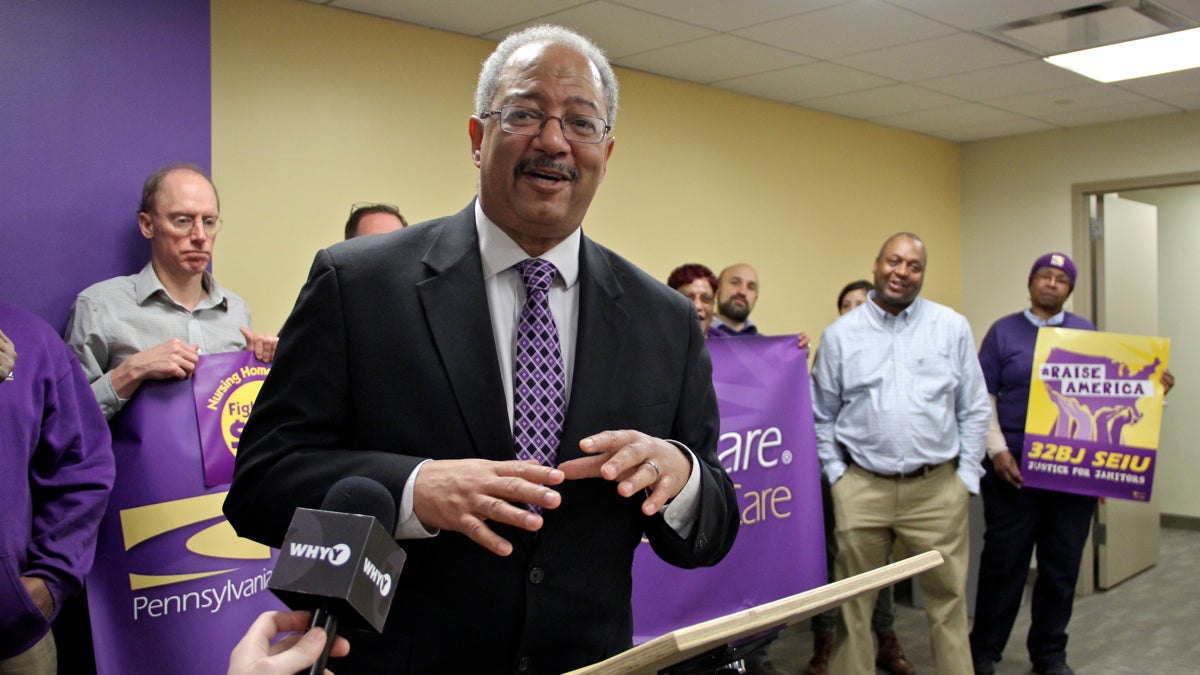  U.S. Rep. Chaka Fattah receives the endorsement of the Service Employees International Union, which represents health care workers, school employees, social service workers, security officers and property service employees. (Emma Lee/WHYY) 