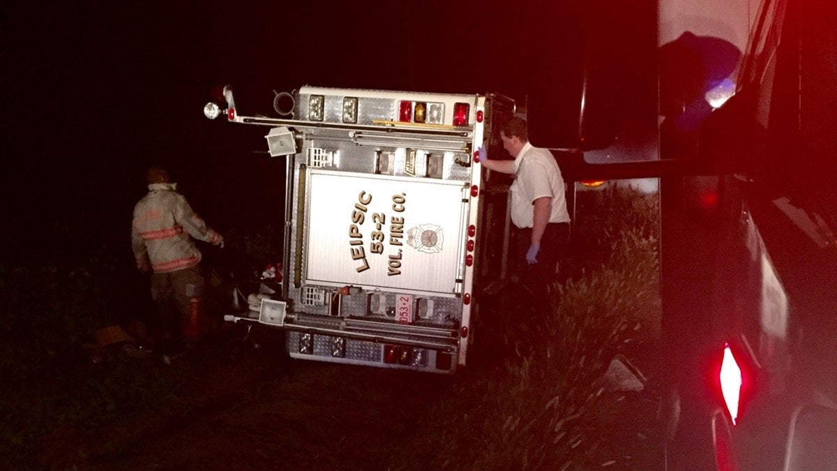 The Leipsic fire truck rests on its side after overturning early Sunday morning. (photo courtesy Del. State Police)