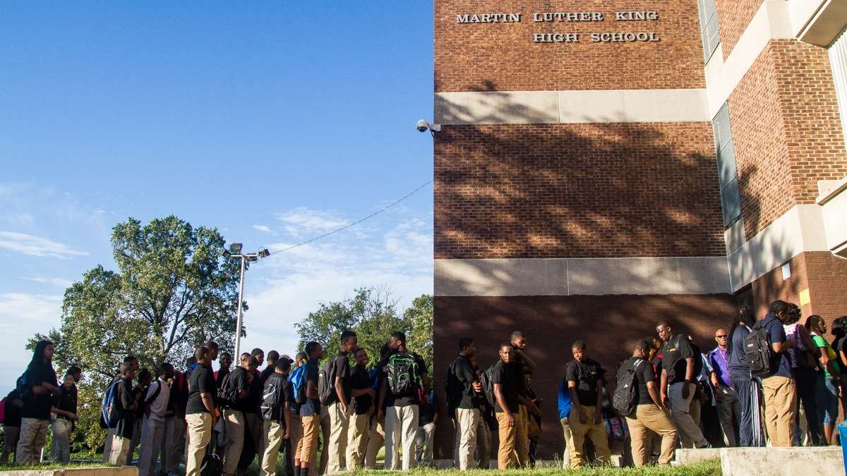  Students lining up on the first day of school at Martin Luther King High School in West Oak Lane. (Brad Larrison/for NewsWorks,file) 