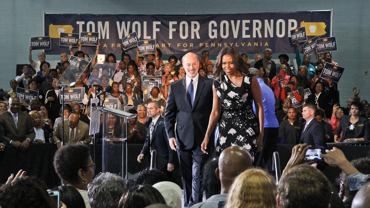 Gubernatorial candidate for Pa. governor and First Lady Michelle Obama greet suporters in Northwest Philadelphia Wednesday. (Kimberly Paynter/WHYY)