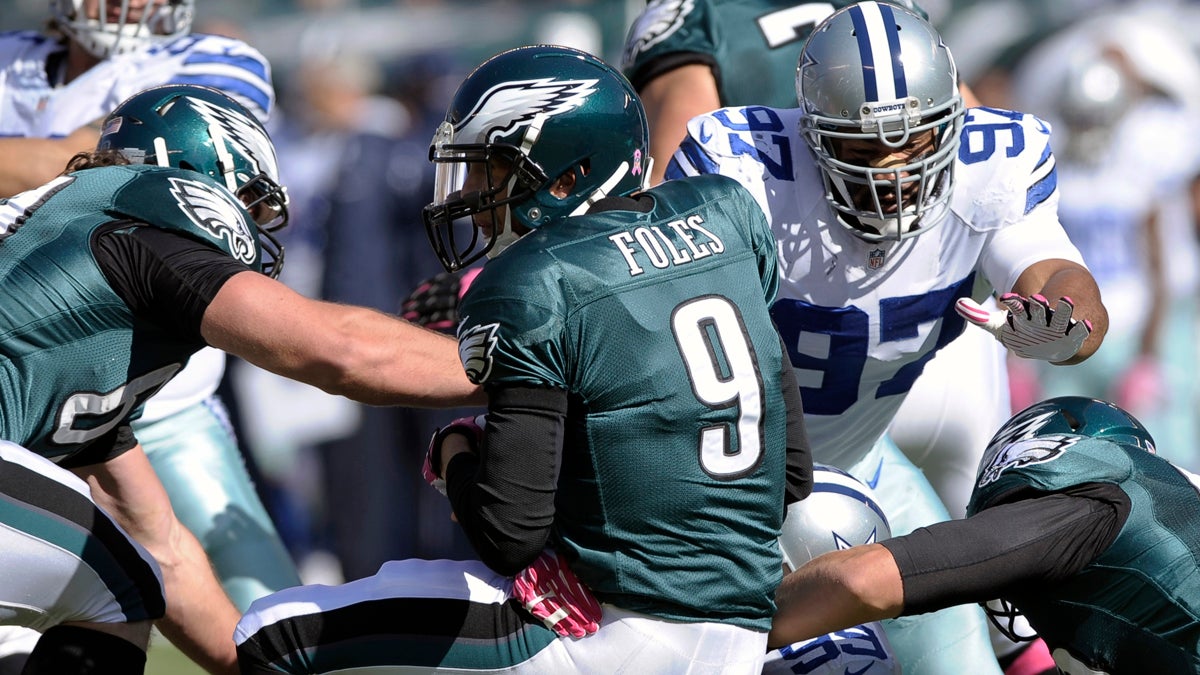  The Eagles hope to avenge the 17-3 lost to the Cowboys in October. Here, QB Nick Foles gets sacked. He left the game with a concussion. (AP Photo/Michael Perez, File) 