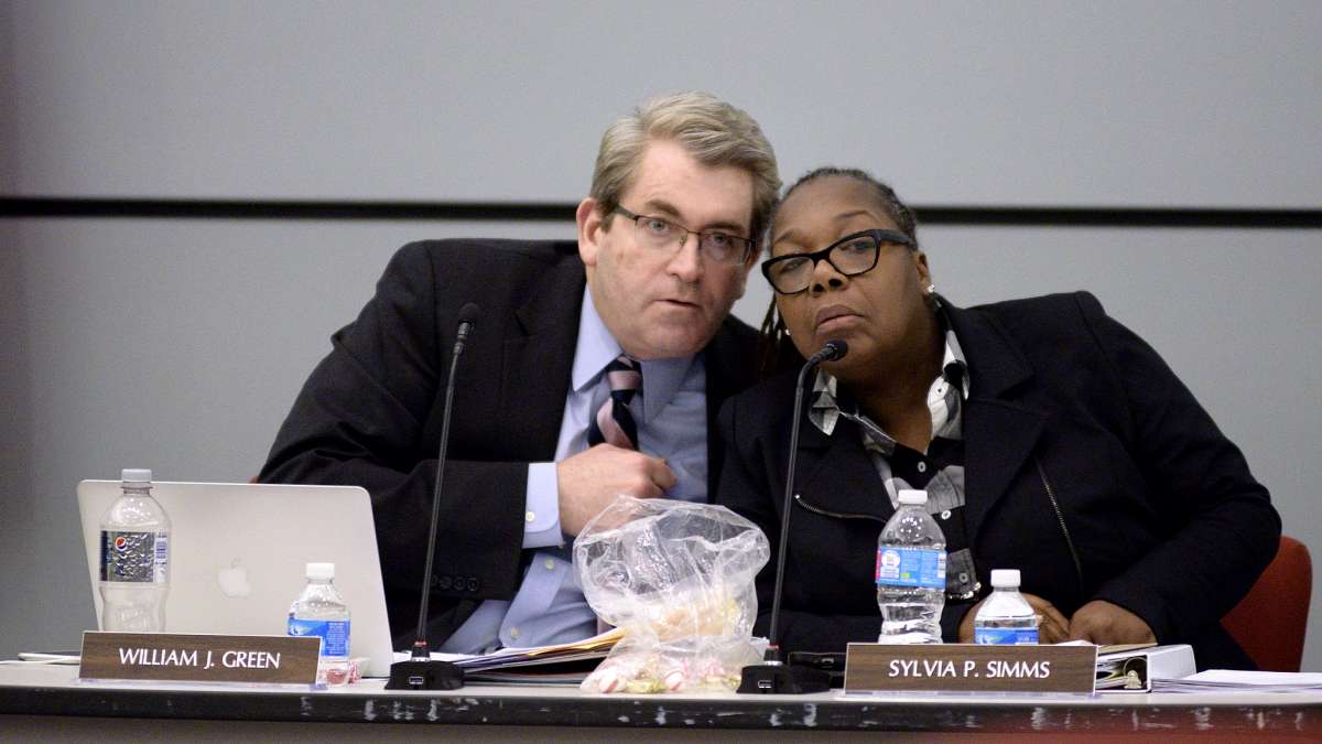  School Reform Commission members Bill Green and Sylvia Simms confer at Thursday's meeting, during which the board decided to close two underperforming middle schools. (Bastiaan Slabbers/for NewsWorks) 