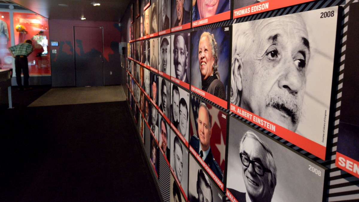  Faces of people who made major contributions to New Jersey are included in a mobile Hall of Fame parked in Trenton. (Bas Slabbers/for NewsWorks) 