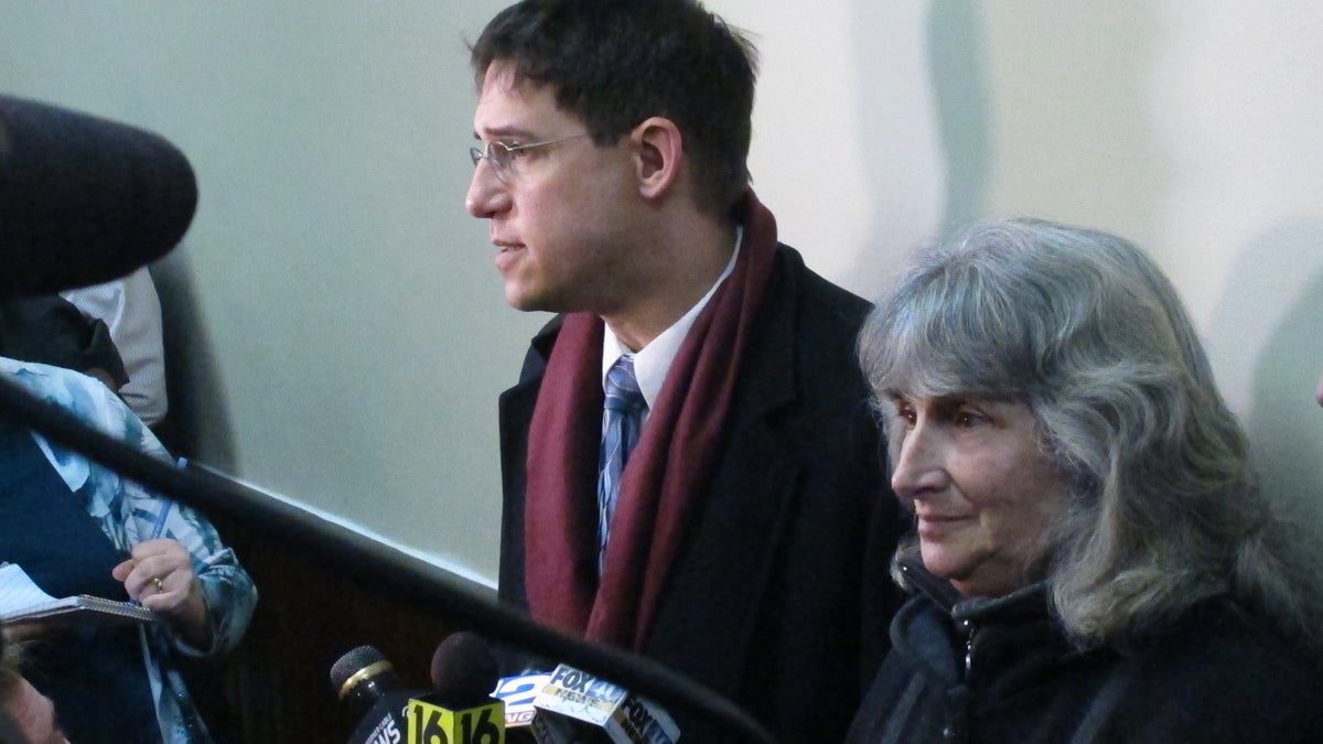  Anti-fracking activist Vera Scroggins, center, and her attorney Scott Michelman, left, speak to the media after a hearing in Montrose, Pa. Last fall, a judge signed off on an order barring Scroggins from more than 300 square miles of Susquehanna County or all the land owned or leased by Cabot Oil and Gas. (Katie Colaneri/for StateImpact) 