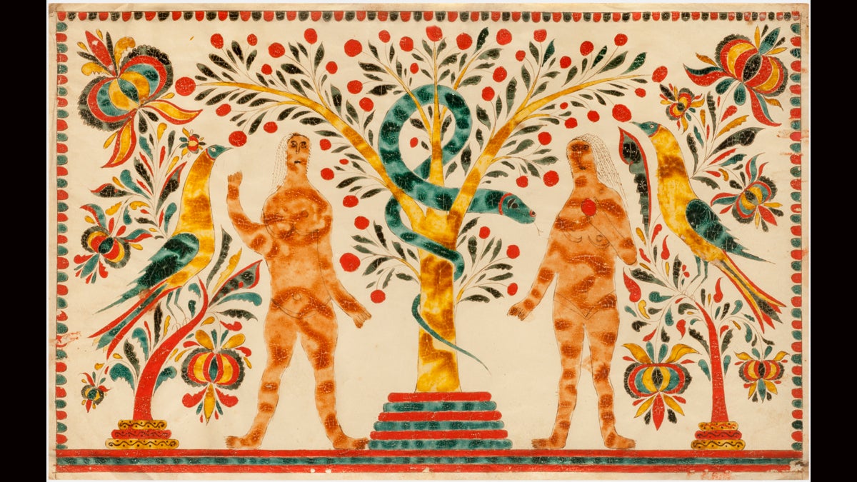 Drawing of Adam and Eve, c. 1834‑1835. Attributed to Samuel Gottschall, American, 1808 ‑ 1898. Watercolor and ink on wove paper, 8 × 12 1/2 inches (20.3 × 31.8 cm). 125th Anniversary Acquisition.  Promised gift of Joan and Victor Johnson. (Image courtesy of the Philadelphia Museum of Art)
