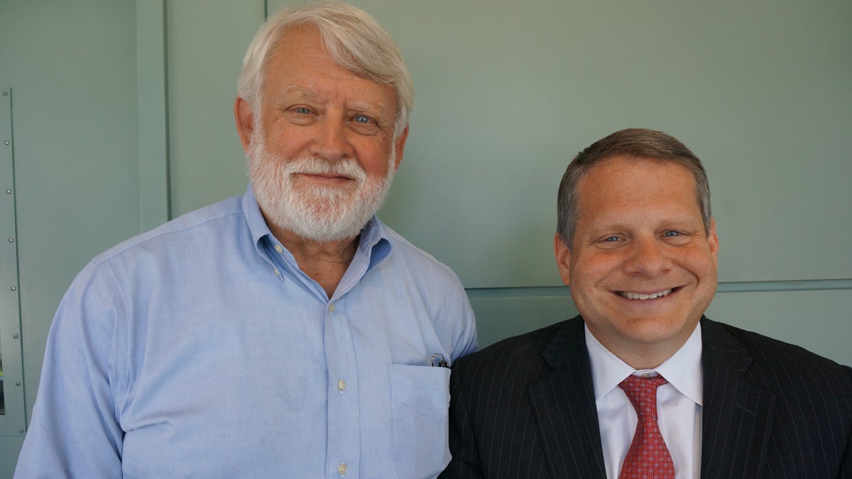  Dennis Wint, outgoing president of the Franklin Institute (left), and Larry Dubinski, incoming president and COO of the Franklin Institute. (Joe Hernandez/WHYY) 