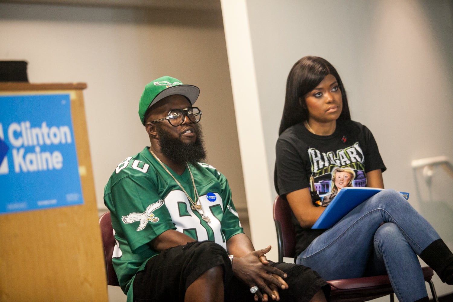 Philadelphia rapper Freeway and social media personality Karen Civil campaigneed for Democratic presidential candidate Hillary Clinton Friday at Temple University. (Brad Larrison for NewsWorks)