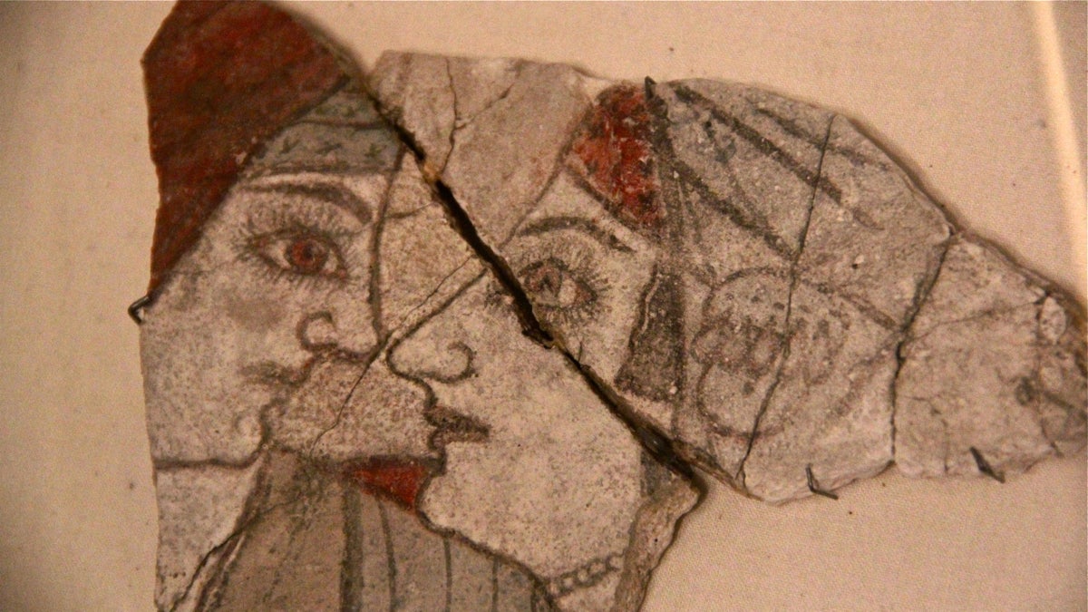 A 2500-year-old fragment of a frescoe from a painted house in Gordion shows women engaged in ritual activity. (Emma Lee/WHYY)