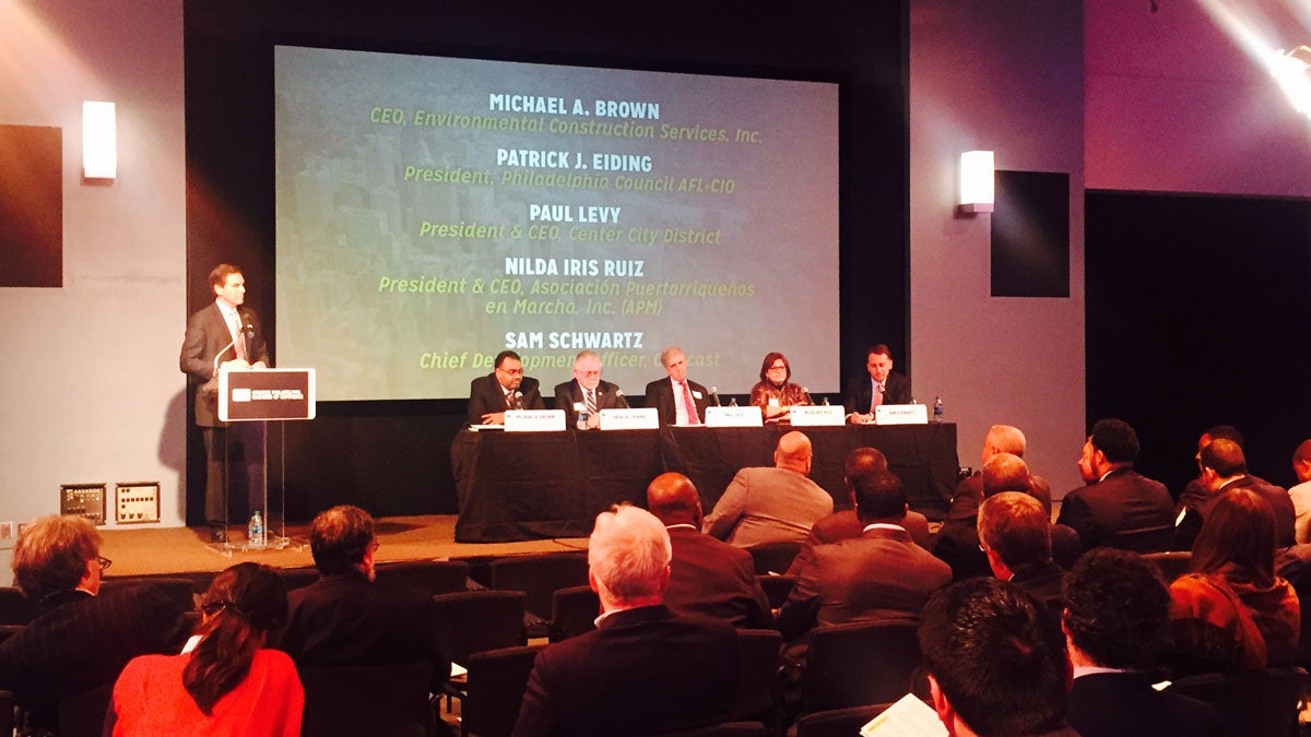  Members of Philadelphia's business community gathered Wednesday night for a forum on attracting -- and keeping -- businesses in the city. The meeting was held at WHYY. (Bobby Allyn/WHYY) 