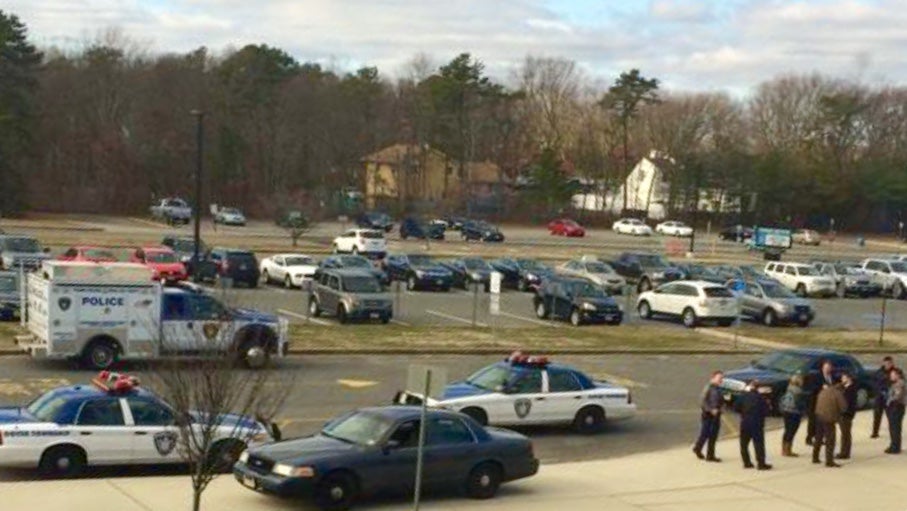  Police vehicles outside Toms River High School East early Friday afternoon. (Photo courtesy of @MikeMoores24 via Twitter) 