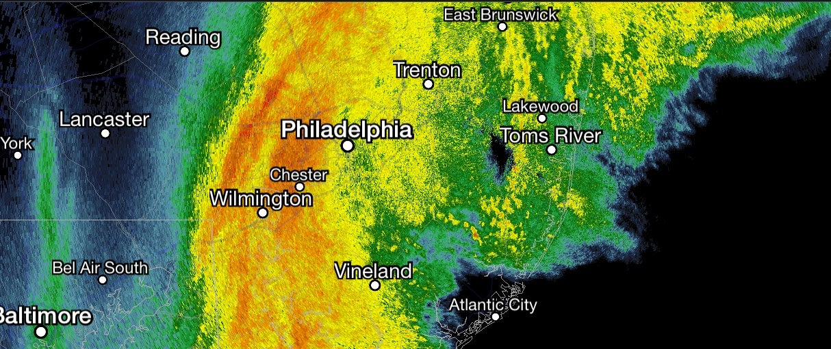  Radar imagery at 12:40 p.m. Sunday, showing heavy rain approaching the Jersey Shore.  