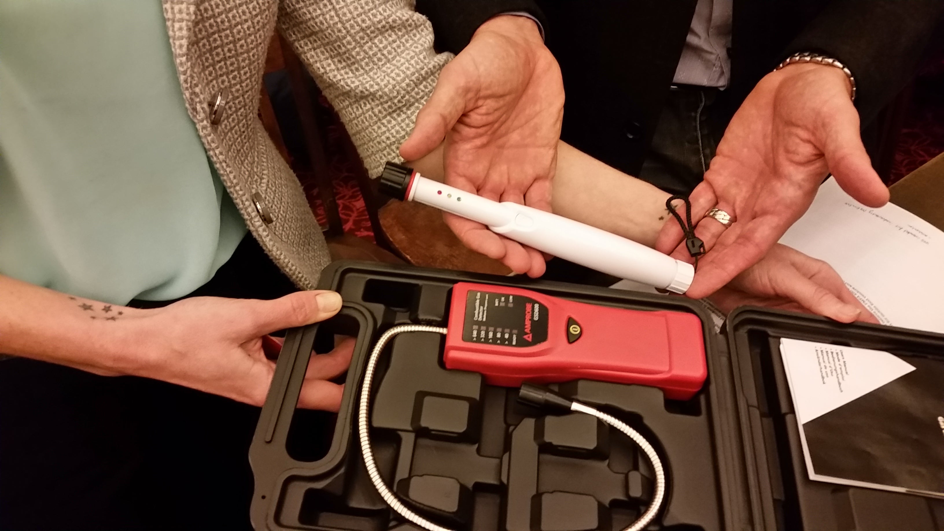  Propane gas detectors are exhibited at a City Council hearing. (Tom MacDonald/WHYY) 