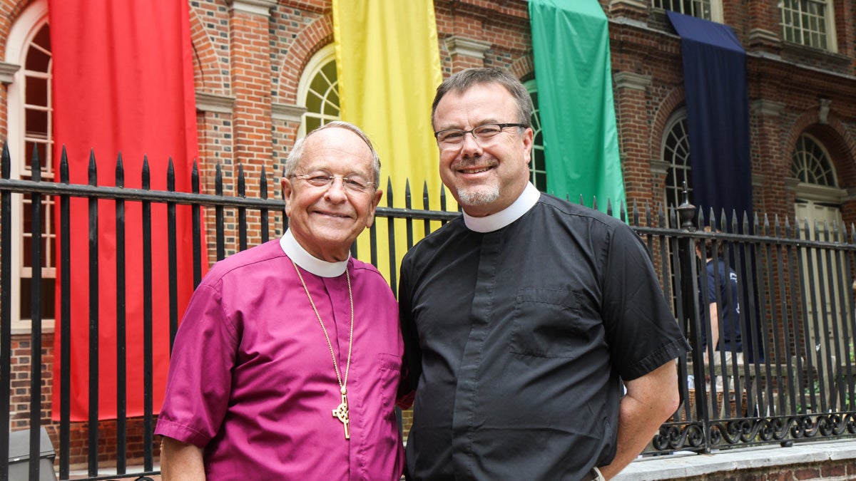 Bishop Gene Robinson and Christ Church rector Timothy Safford are shown in Philadelphia on the 4th of July weekend, 2015. (Kimberly Paynter/WHYY) 
