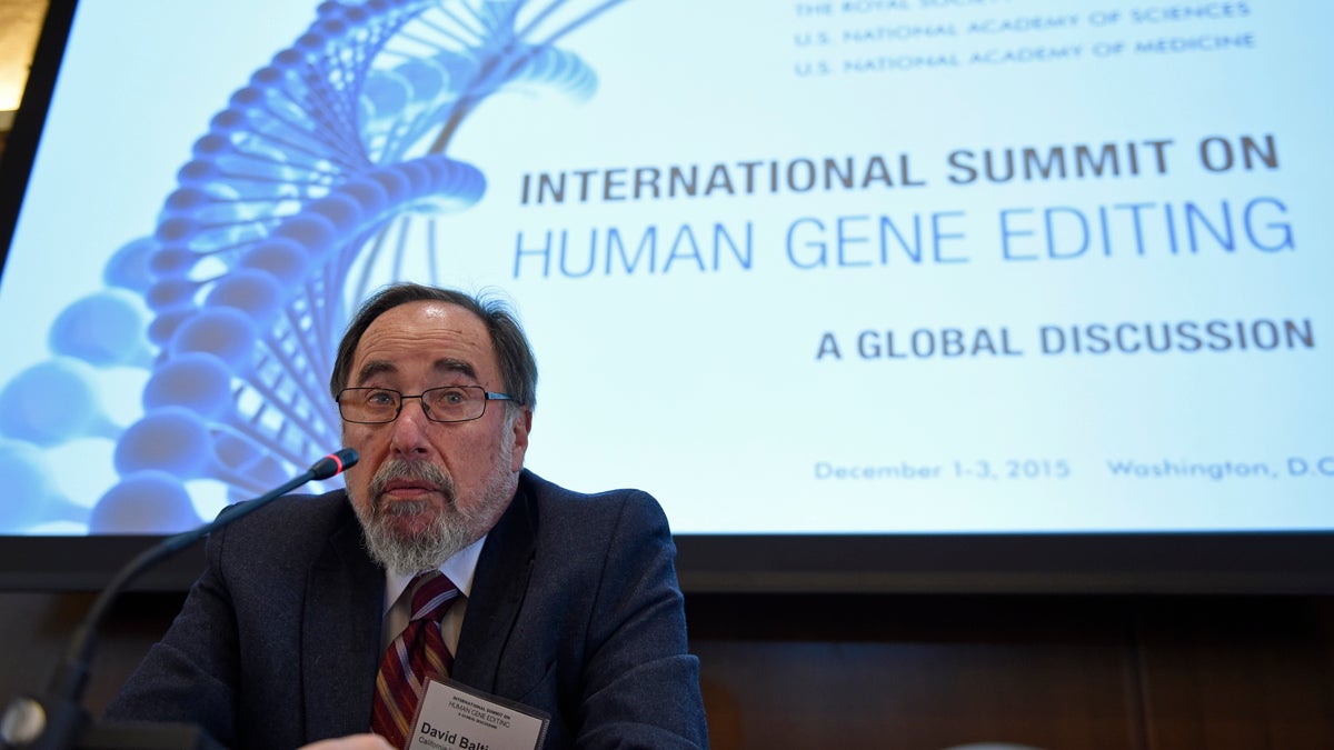 Nobel laureate David Baltimore of CalTech speaks to reporters at the National Academy of Sciences international summit on the safety and ethics of human gene editing