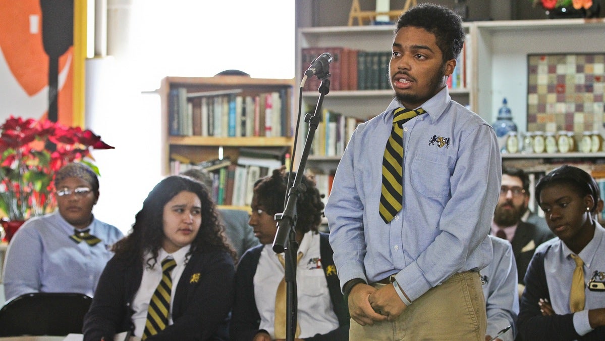  Students from KIPP DuBois Collegiate Academy were among those who asked questions of six Democratic candidates for mayor at Thursday's forum in Parkside. (Kimberly Paynter/WHYY) 